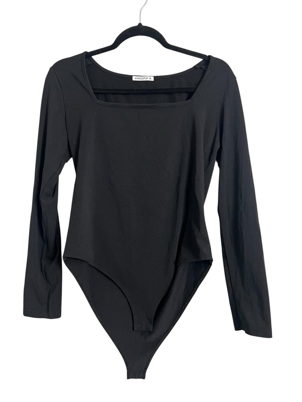 MANGOPOP Bodysuit Womens XL Black Long Sleeve Square Neck Stretch Jersey Top